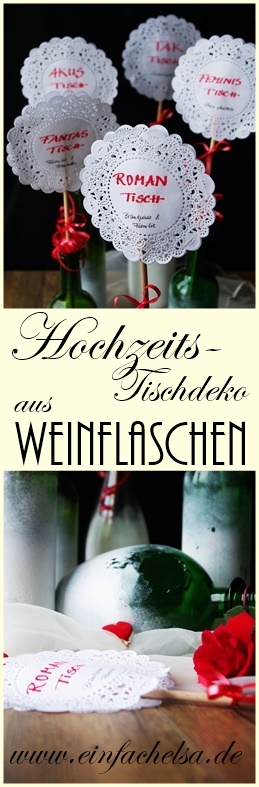 Dekoration aus alten Weinflaschen für die Tische zur Hochzeit - Tischdeko Heirat mit Glasflaschen und Papier Spitze